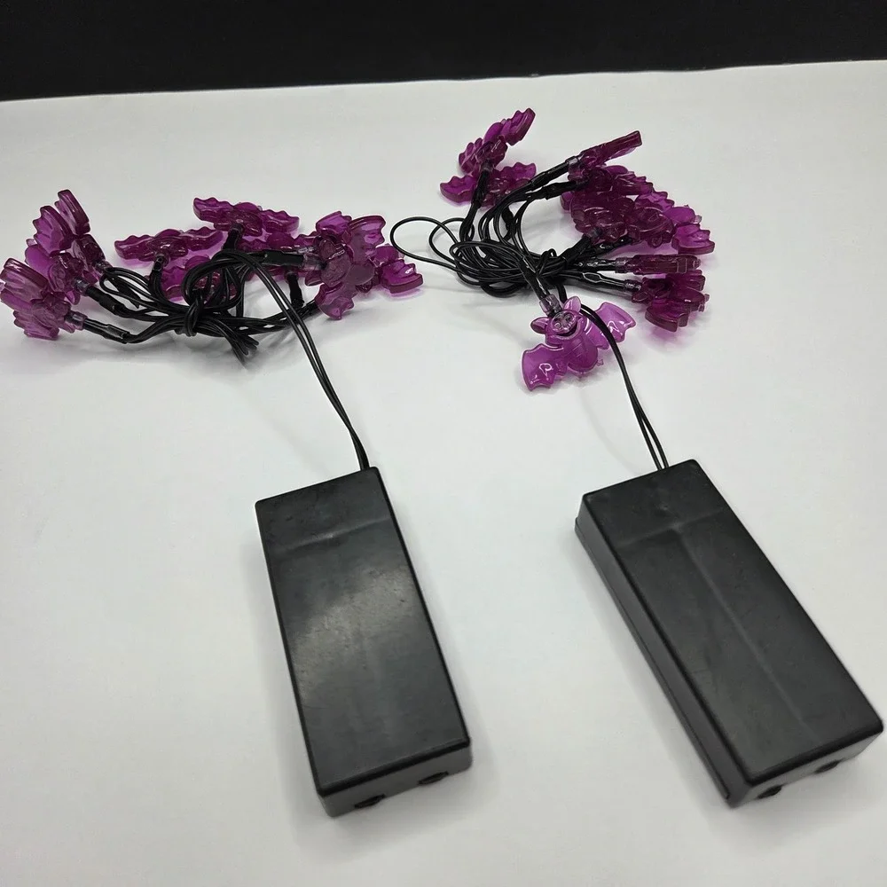 Halloween Bat String Lights Purple LED Battery Operated 2 Pack Set Spooky Decor